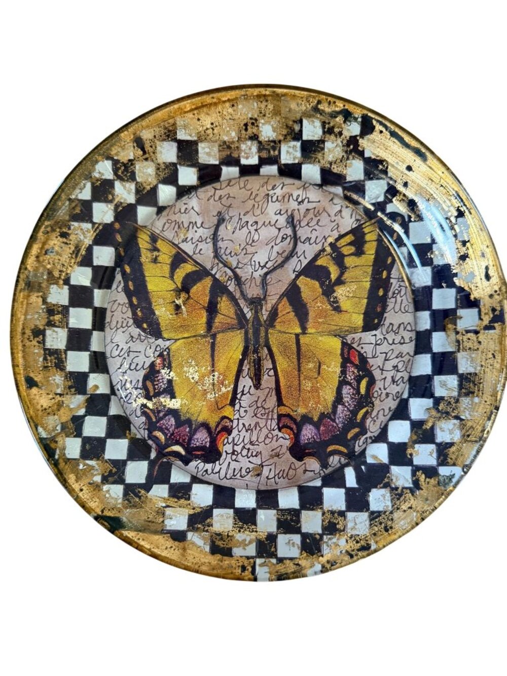 Decoupage&gold Leafed tiger tail swallowtail round plate Handmade Artist signed